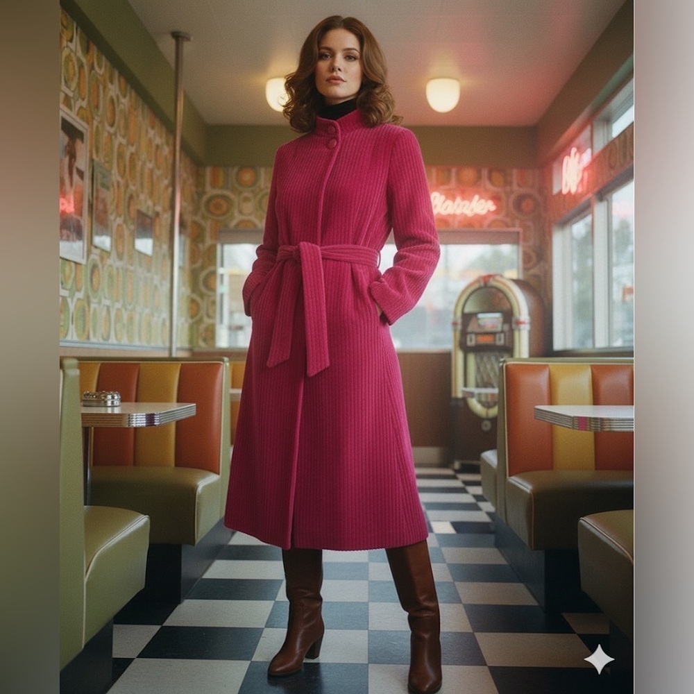 Vintage Electre Paris Corduroy trench coat pink belted coat fushia pink